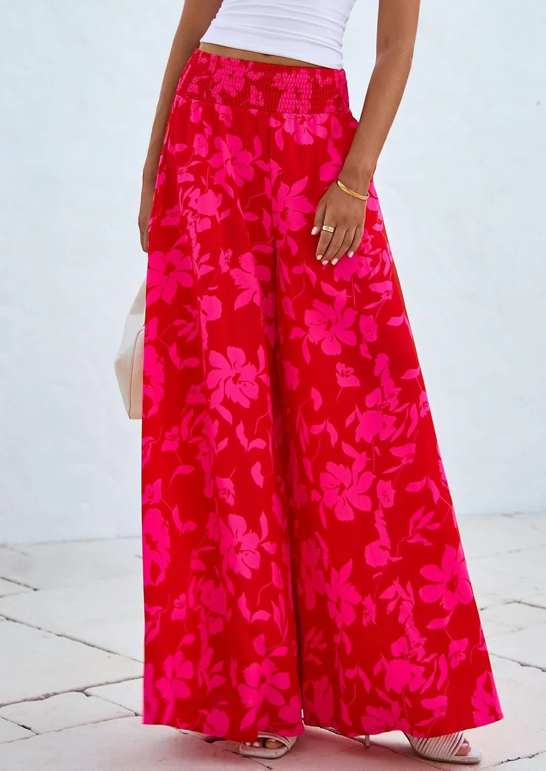 PRETTYGARDEN Women's 2025 Summer Flowy Wide Leg Palazzo Pants Dressy Casual Elastic High Waisted Pockets Boho Beach Trousers