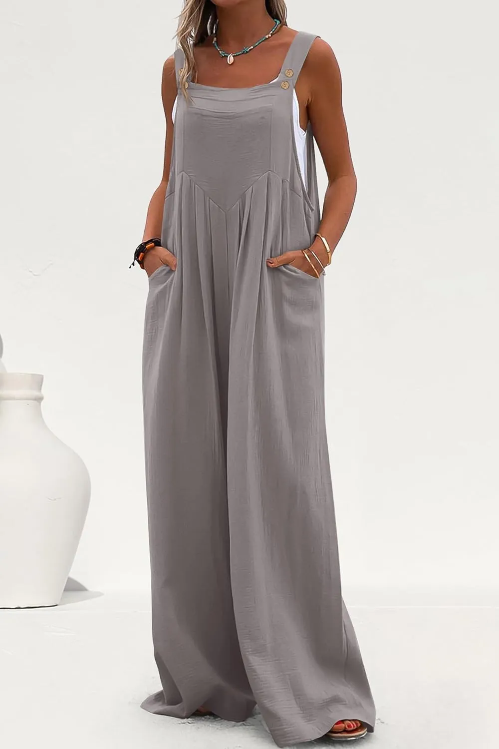PRETTYGARDEN Women's Bib Overalls Casual Summer Sleeveless Strap Loose Wide Leg Jumpsuits with Pockets