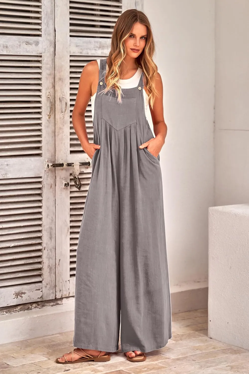 PRETTYGARDEN Women's Bib Overalls Casual Summer Sleeveless Strap Loose Wide Leg Jumpsuits with Pockets