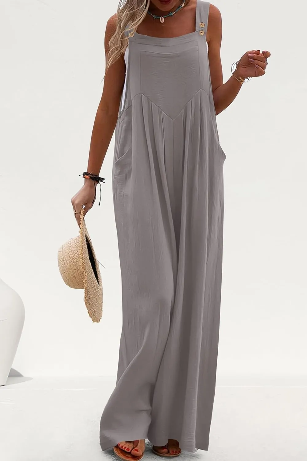 PRETTYGARDEN Women's Bib Overalls Casual Summer Sleeveless Strap Loose Wide Leg Jumpsuits with Pockets
