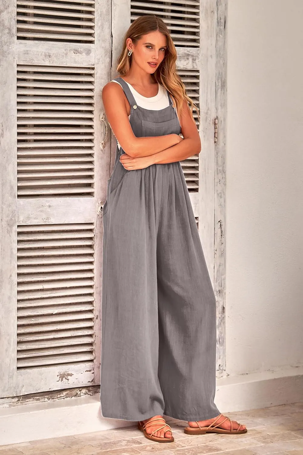 PRETTYGARDEN Women's Bib Overalls Casual Summer Sleeveless Strap Loose Wide Leg Jumpsuits with Pockets