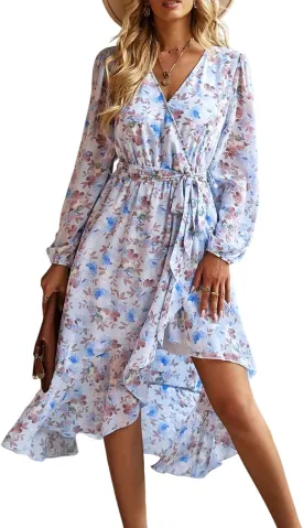 PRETTYGARDEN Women's Floral Print Boho Dress Long Sleeve Wrap V Neck Ruffle Belted A-Line Flowy Maxi Dresses