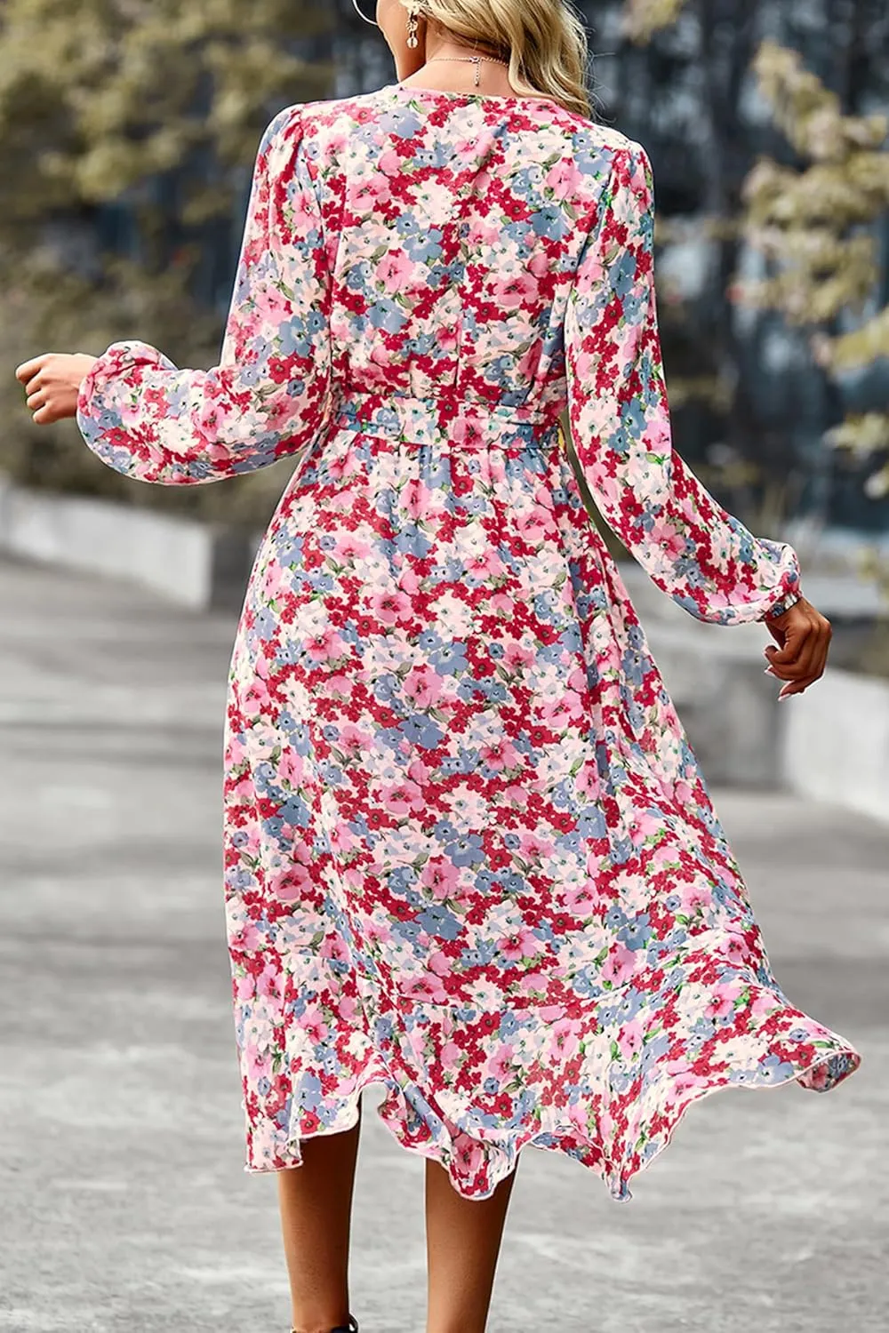 PRETTYGARDEN Women's Floral Print Boho Dress Long Sleeve Wrap V Neck Ruffle Belted A-Line Flowy Maxi Dresses