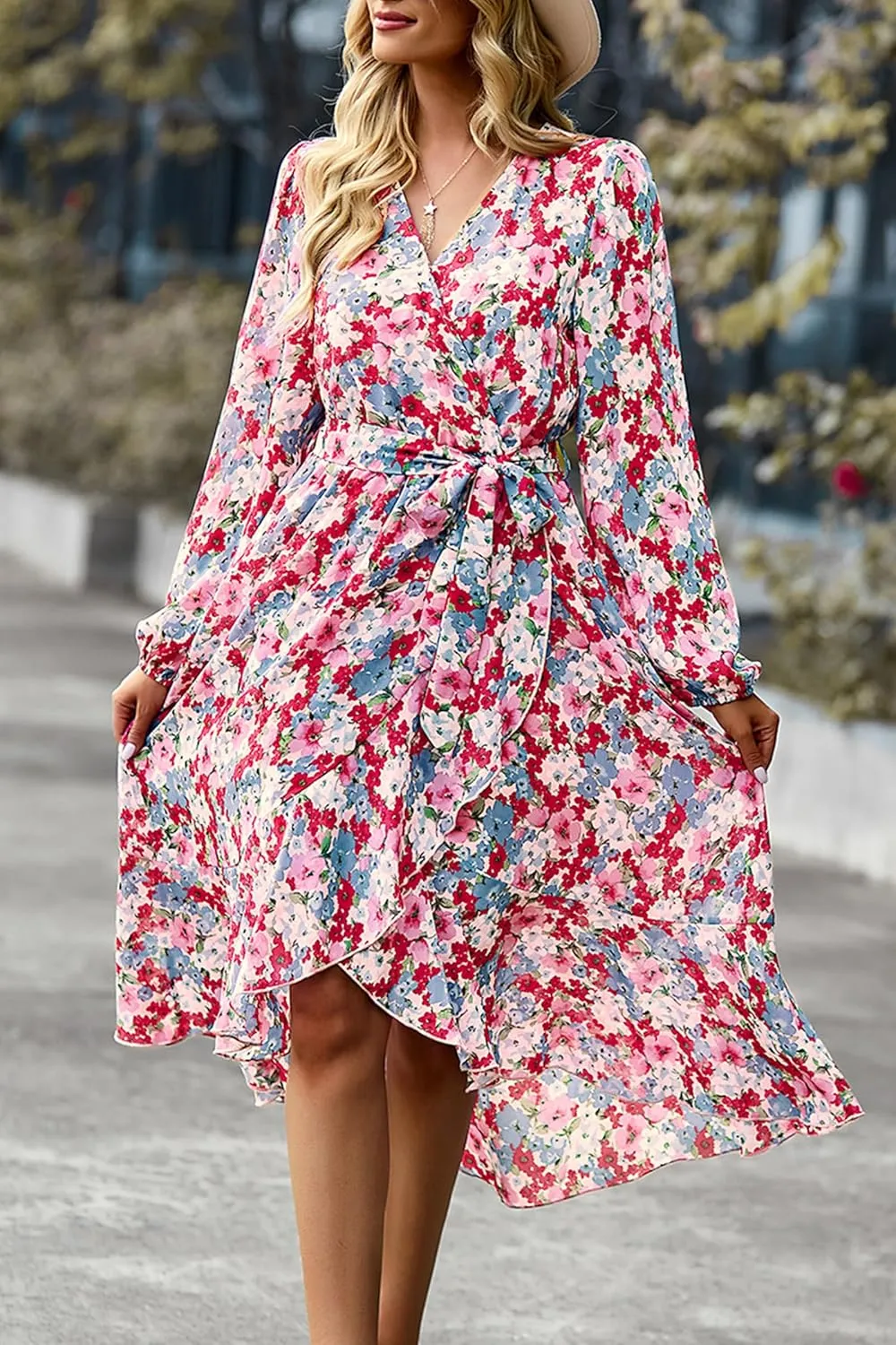 PRETTYGARDEN Women's Floral Print Boho Dress Long Sleeve Wrap V Neck Ruffle Belted A-Line Flowy Maxi Dresses