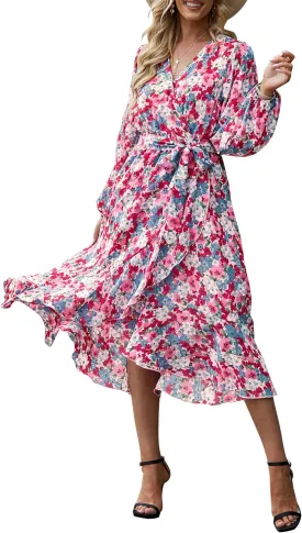 PRETTYGARDEN Women's Floral Print Boho Dress Long Sleeve Wrap V Neck Ruffle Belted A-Line Flowy Maxi Dresses