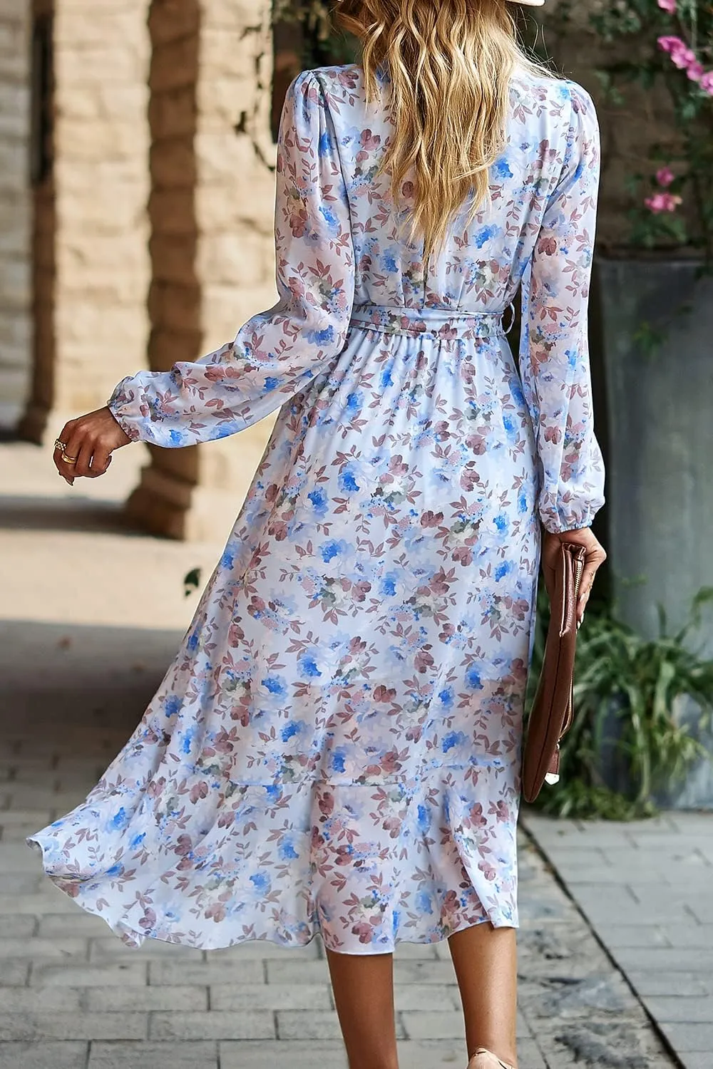 PRETTYGARDEN Women's Floral Print Boho Dress Long Sleeve Wrap V Neck Ruffle Belted A-Line Flowy Maxi Dresses