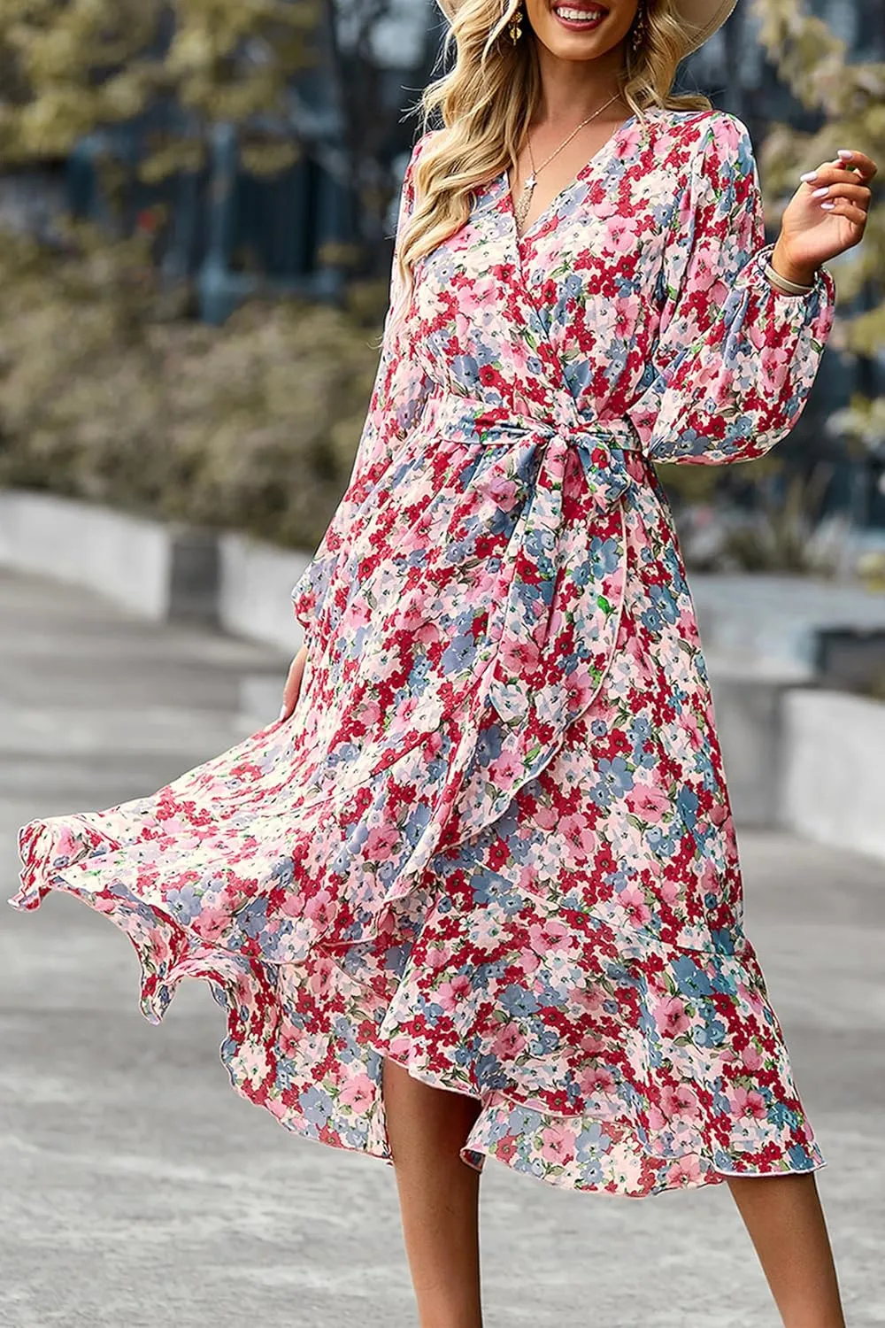 PRETTYGARDEN Women's Floral Print Boho Dress Long Sleeve Wrap V Neck Ruffle Belted A-Line Flowy Maxi Dresses