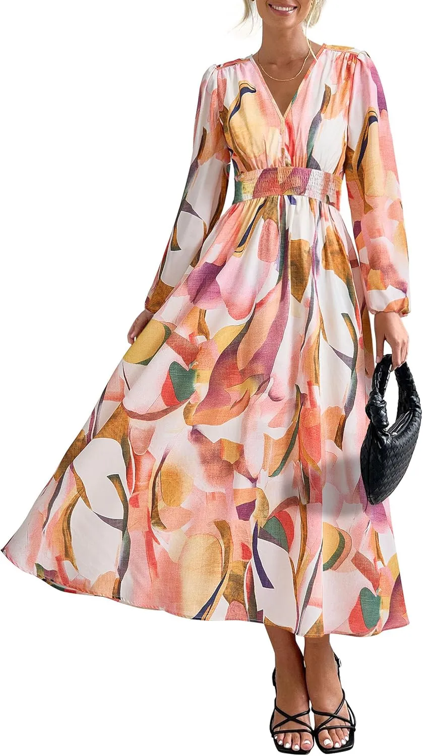 PRETTYGARDEN Women's Spring Floral Midi Dress Fall Long Sleeve V Neck Flowy Casual Beach Vacation Wedding Guest Dresses