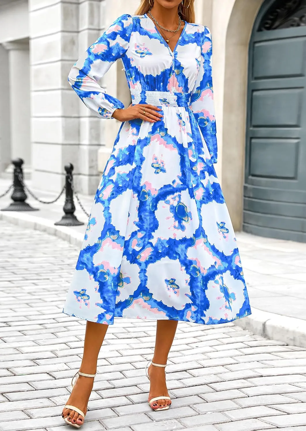 PRETTYGARDEN Women's Spring Floral Midi Dress Fall Long Sleeve V Neck Flowy Casual Beach Vacation Wedding Guest Dresses