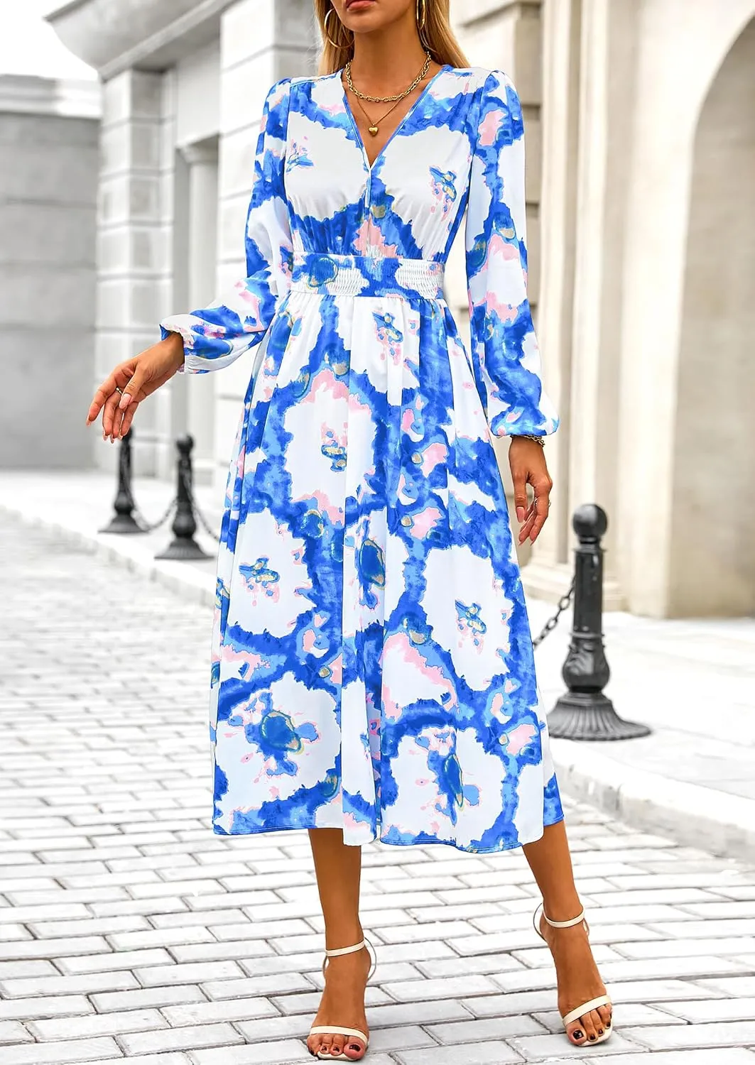 PRETTYGARDEN Women's Spring Floral Midi Dress Fall Long Sleeve V Neck Flowy Casual Beach Vacation Wedding Guest Dresses