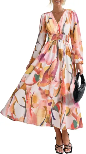 PRETTYGARDEN Women's Spring Floral Midi Dress Fall Long Sleeve V Neck Flowy Casual Beach Vacation Wedding Guest Dresses