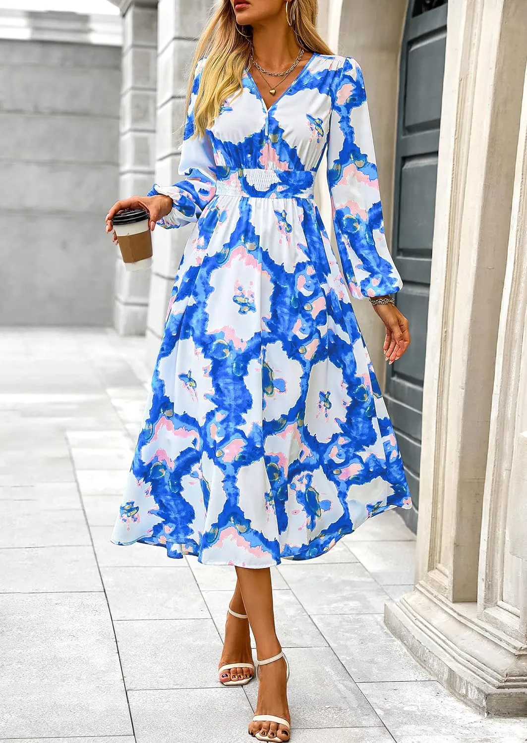 PRETTYGARDEN Women's Spring Floral Midi Dress Fall Long Sleeve V Neck Flowy Casual Beach Vacation Wedding Guest Dresses