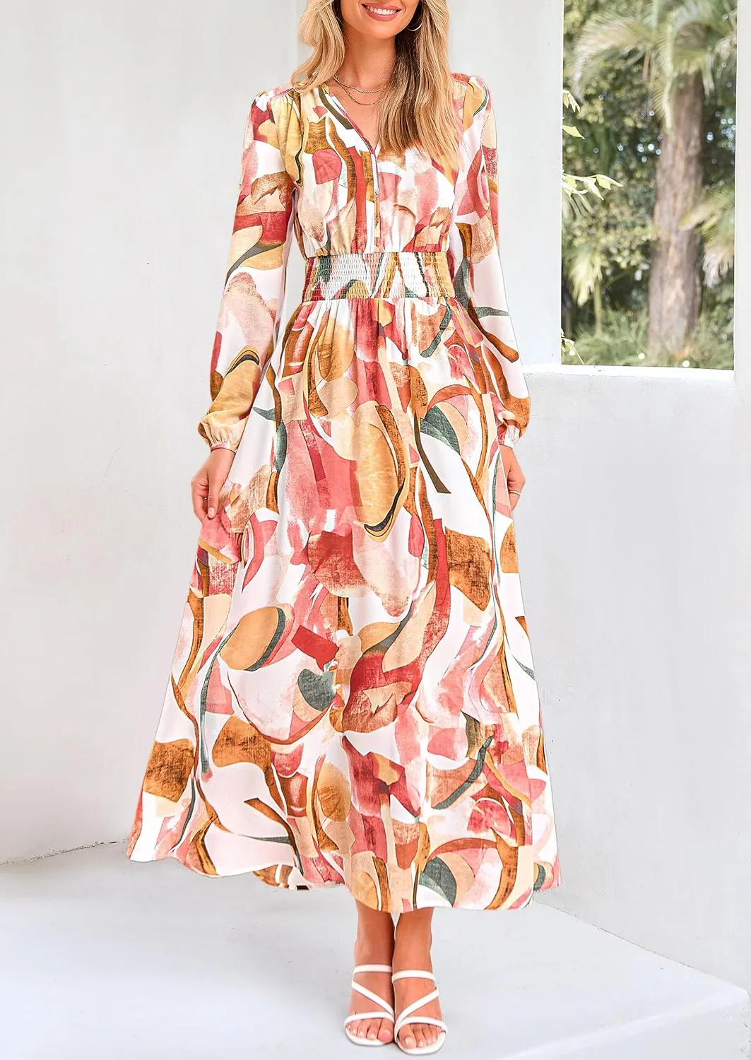 PRETTYGARDEN Women's Spring Floral Midi Dress Fall Long Sleeve V Neck Flowy Casual Beach Vacation Wedding Guest Dresses