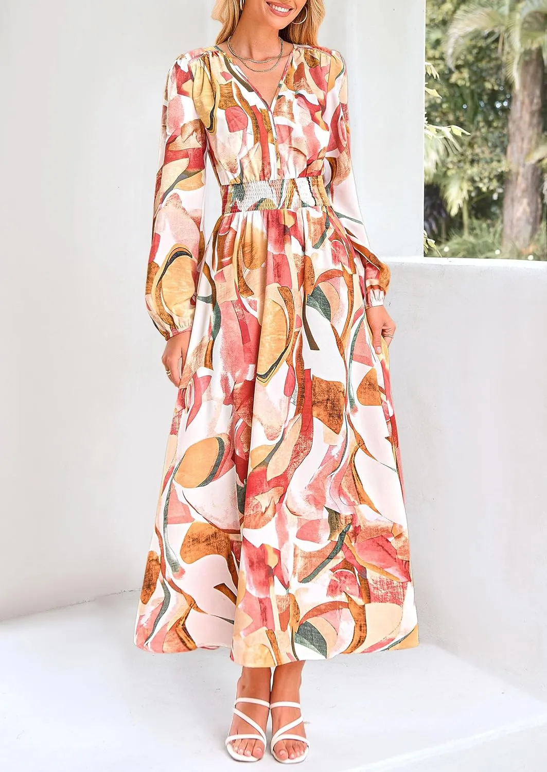 PRETTYGARDEN Women's Spring Floral Midi Dress Fall Long Sleeve V Neck Flowy Casual Beach Vacation Wedding Guest Dresses