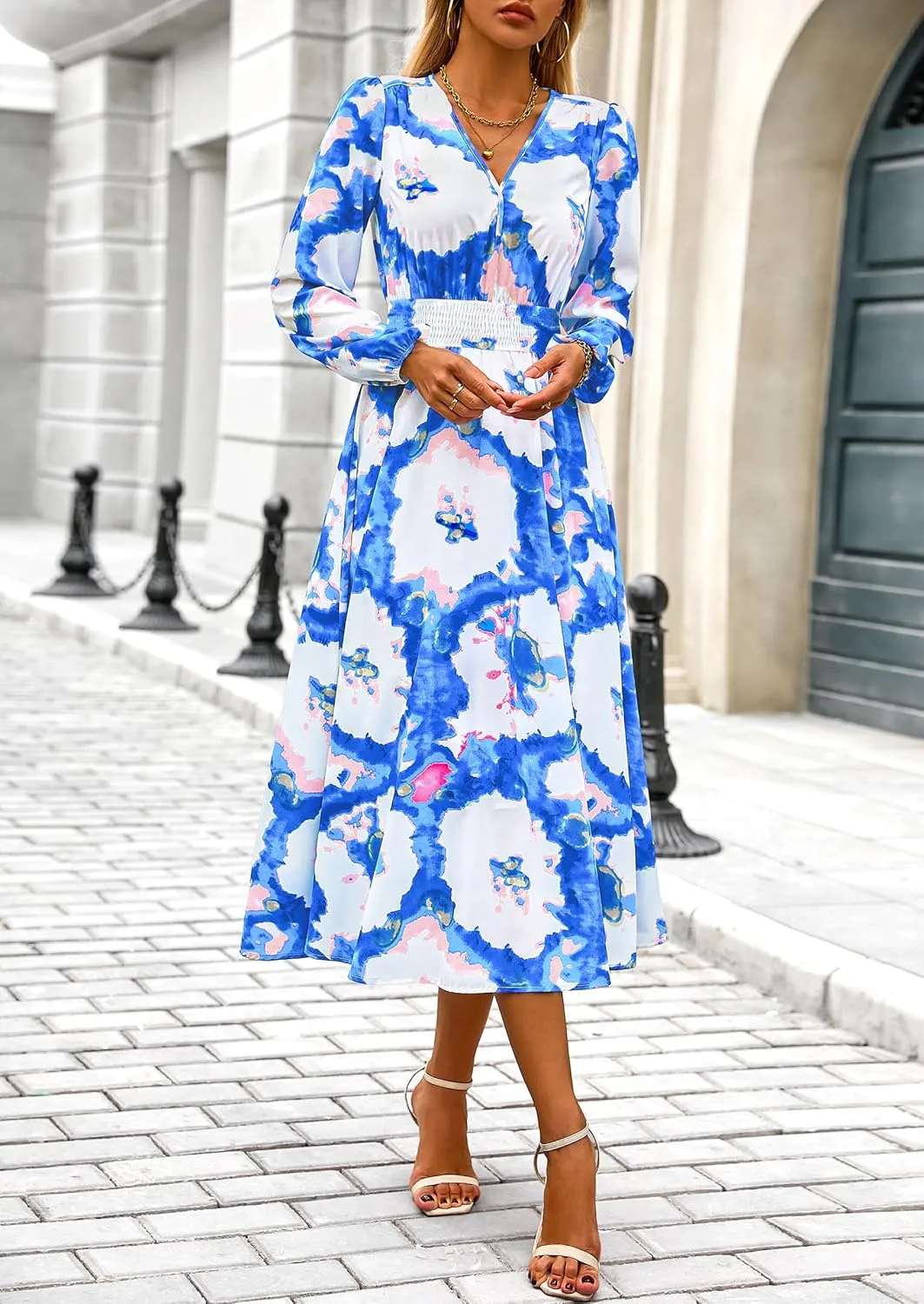 PRETTYGARDEN Women's Spring Floral Midi Dress Fall Long Sleeve V Neck Flowy Casual Beach Vacation Wedding Guest Dresses