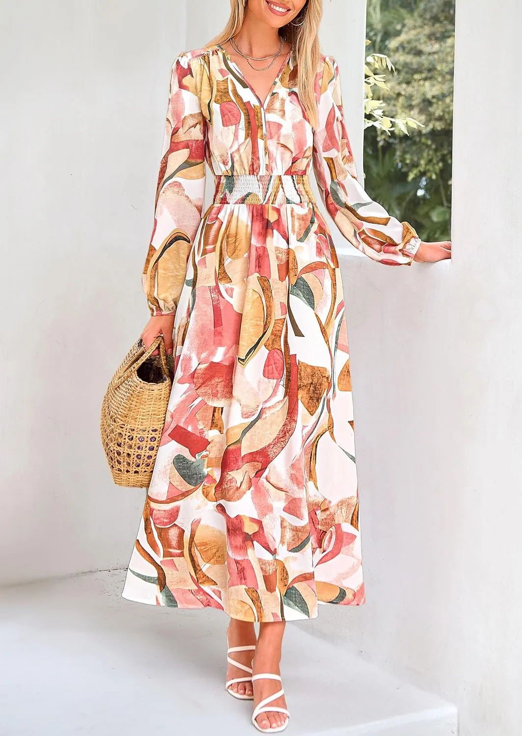 PRETTYGARDEN Women's Spring Floral Midi Dress Fall Long Sleeve V Neck Flowy Casual Beach Vacation Wedding Guest Dresses