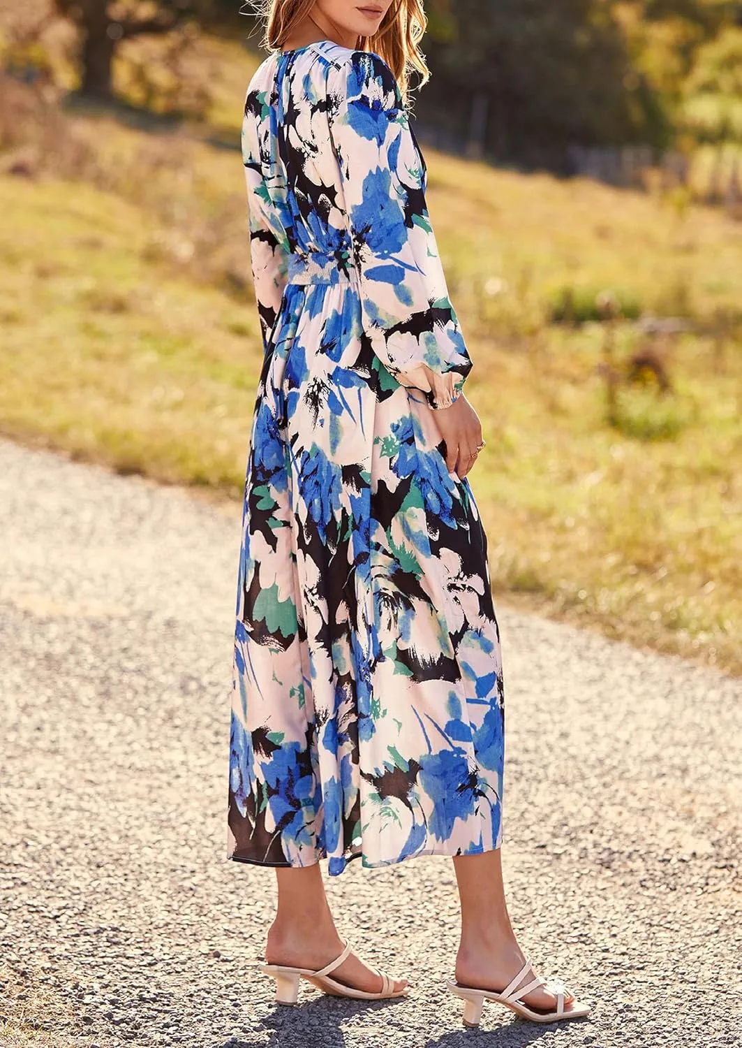 PRETTYGARDEN Women's Spring Floral Midi Dress Fall Long Sleeve V Neck Flowy Casual Beach Vacation Wedding Guest Dresses