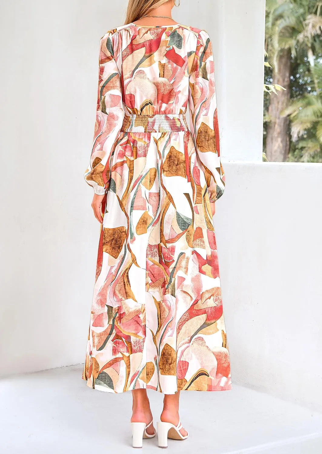 PRETTYGARDEN Women's Spring Floral Midi Dress Fall Long Sleeve V Neck Flowy Casual Beach Vacation Wedding Guest Dresses