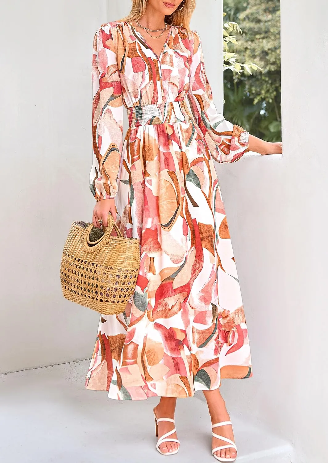 PRETTYGARDEN Women's Spring Floral Midi Dress Fall Long Sleeve V Neck Flowy Casual Beach Vacation Wedding Guest Dresses