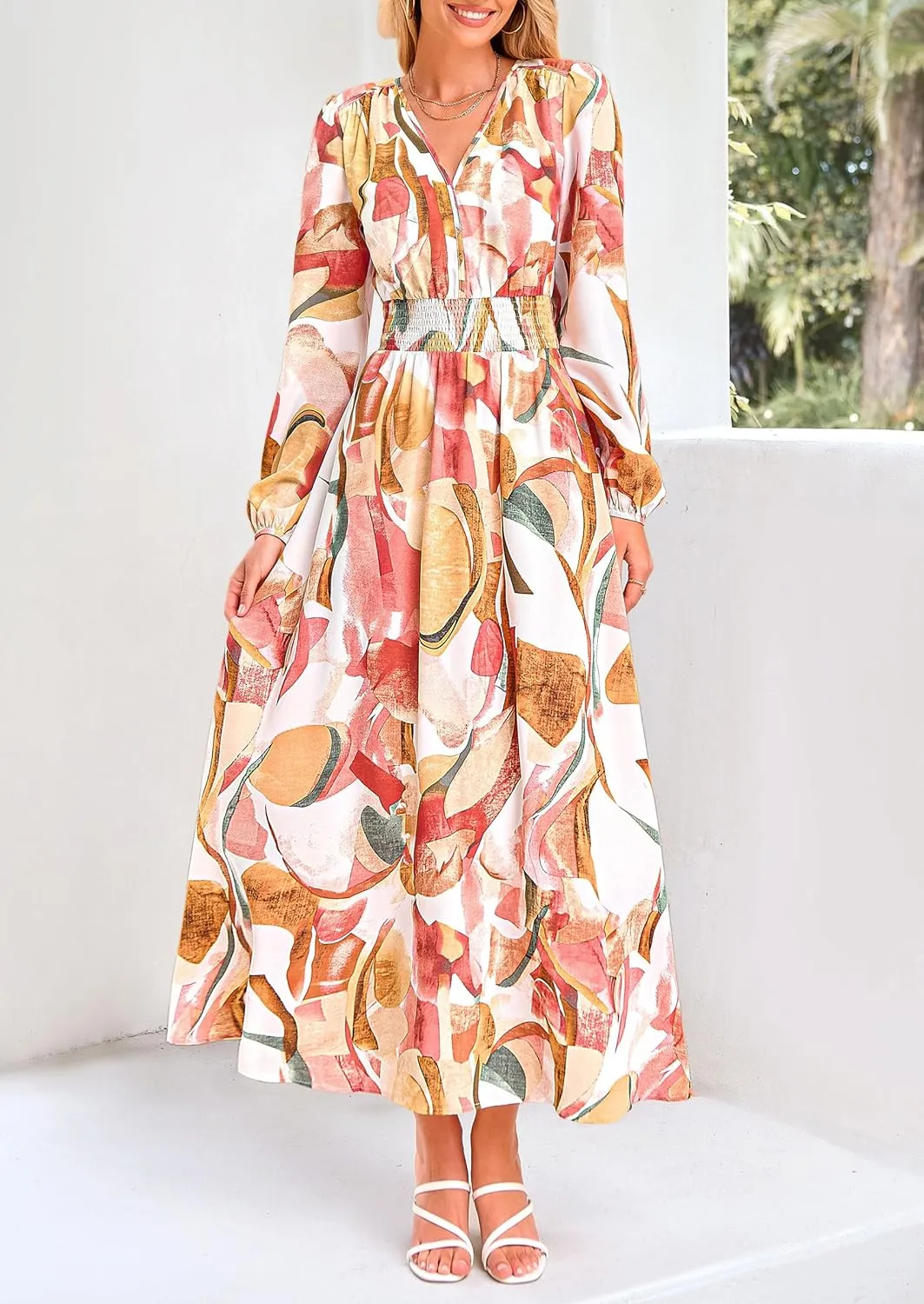 PRETTYGARDEN Women's Spring Floral Midi Dress Fall Long Sleeve V Neck Flowy Casual Beach Vacation Wedding Guest Dresses