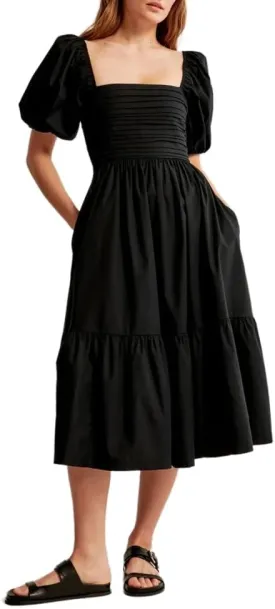 Puff Sleeve Midi Dress, Women's Summer Casual Flowy Beach Floral Ruffle Hem Maxi Dresses