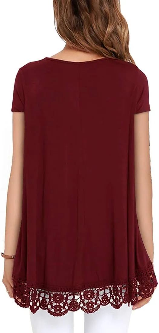 QIXING Women Tops Lace Trim O Neck A Line Tunic Blouse