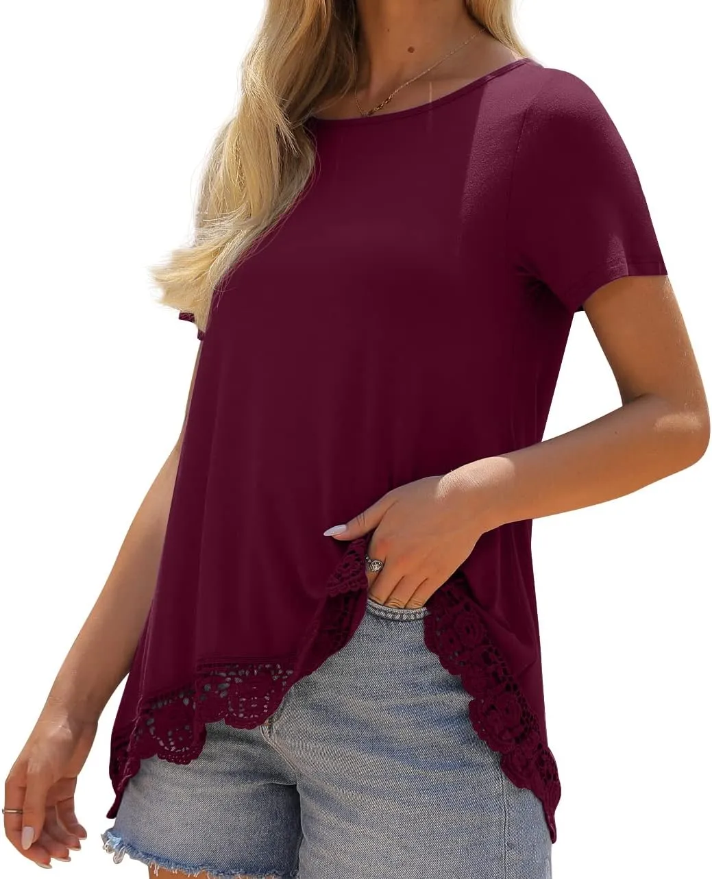 QIXING Women Tops Lace Trim O Neck A Line Tunic Blouse