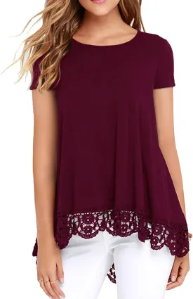 QIXING Women Tops Lace Trim O Neck A Line Tunic Blouse