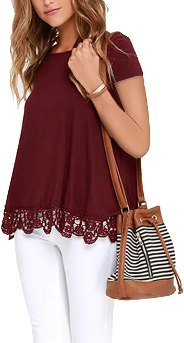 QIXING Women Tops Lace Trim O Neck A Line Tunic Blouse