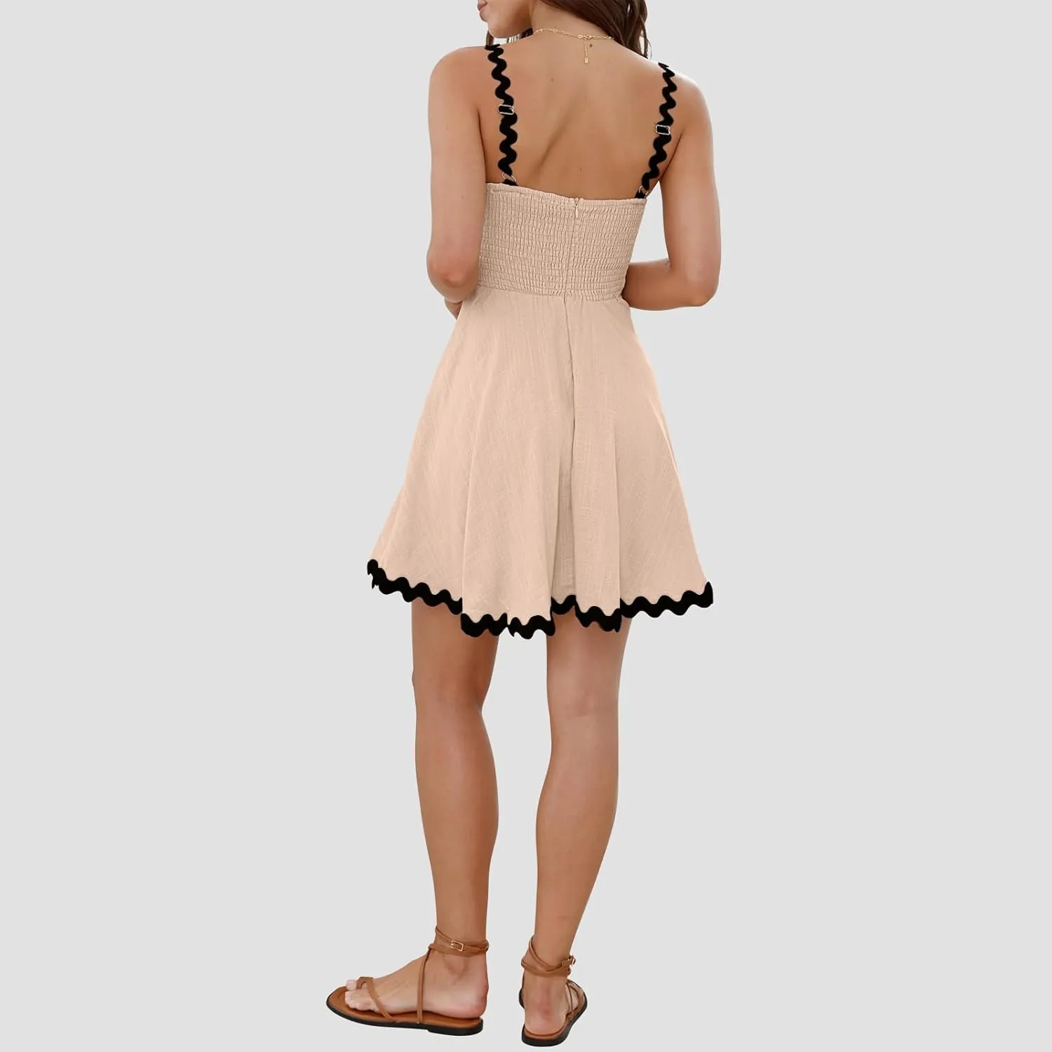 Senllen Womens Summer Flowy Mini Dress 2025 Casual Spaghetti Straps Sleeveless Smocked Backless Swing Wave Trim Sundress