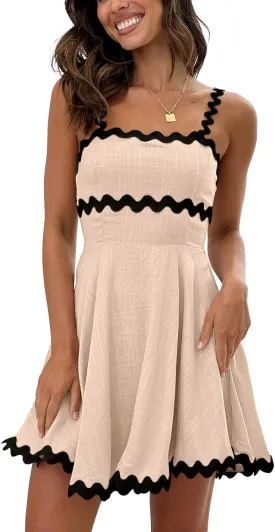 Senllen Womens Summer Flowy Mini Dress 2025 Casual Spaghetti Straps Sleeveless Smocked Backless Swing Wave Trim Sundress