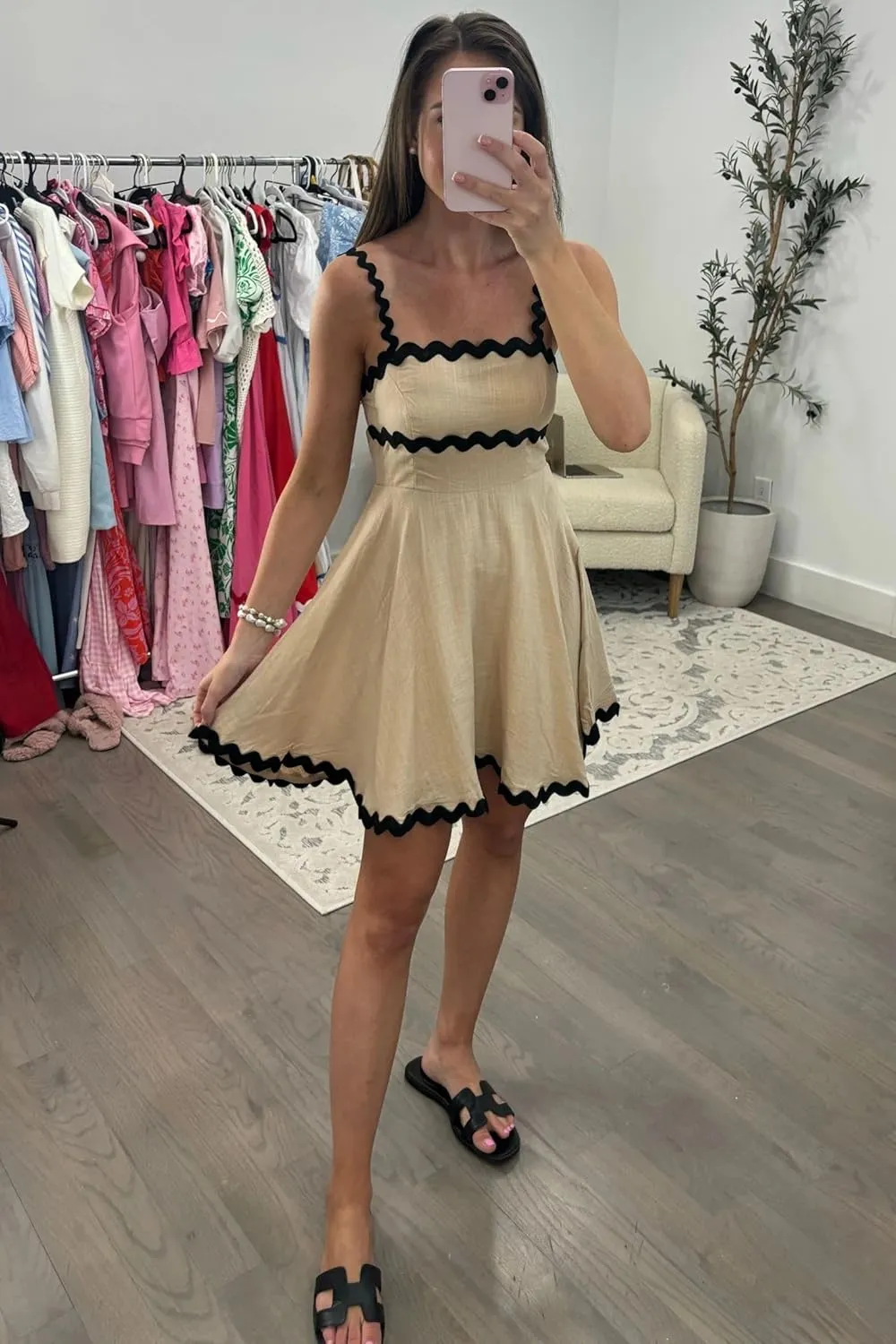 Senllen Womens Summer Flowy Mini Dress 2025 Casual Spaghetti Straps Sleeveless Smocked Backless Swing Wave Trim Sundress