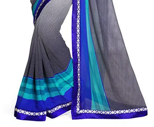 SOURBH Women's Faux Georgette Printed Saree (1040_Blue,Black)
