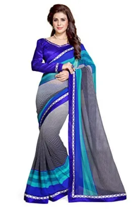 SOURBH Women's Faux Georgette Printed Saree (1040_Blue,Black)