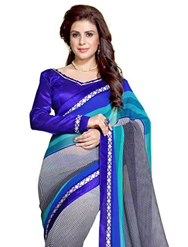SOURBH Women's Faux Georgette Printed Saree (1040_Blue,Black)