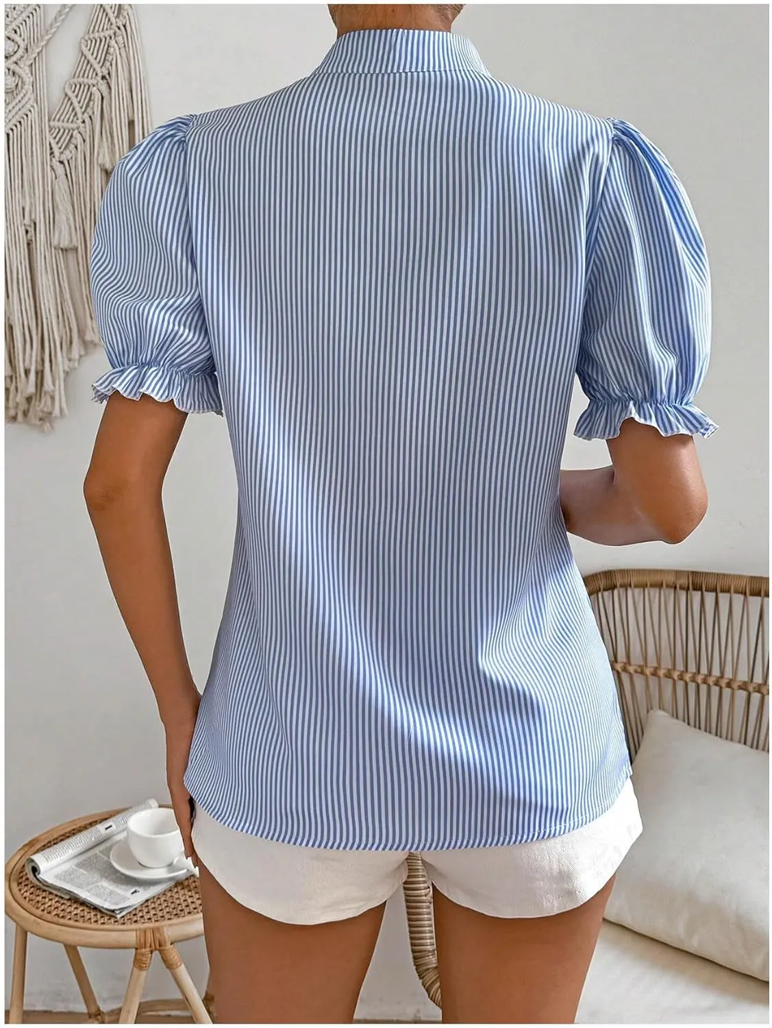 SweatyRocks Women's Button Front Tie Neck Puff Sleeve Stand Collar Striped Blouse