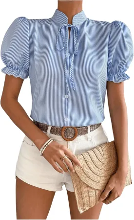 SweatyRocks Women's Button Front Tie Neck Puff Sleeve Stand Collar Striped Blouse