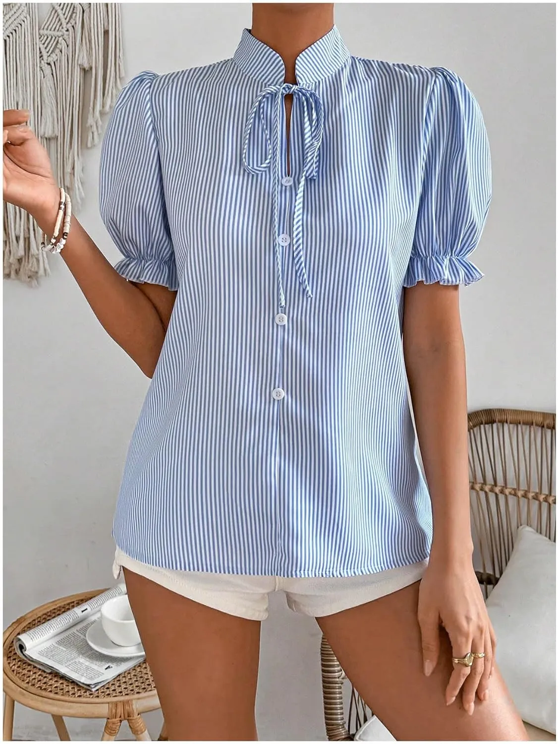 SweatyRocks Women's Button Front Tie Neck Puff Sleeve Stand Collar Striped Blouse