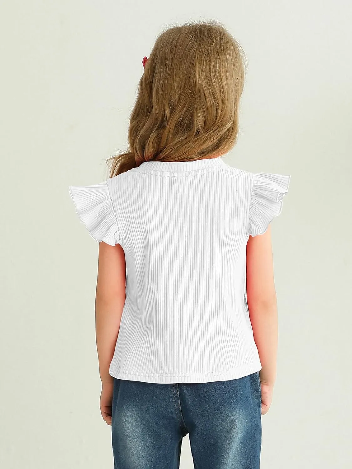 Toddler Girls Ruffle Sleeve T Shirt Knit Ribbed Blouse Cotton Top Plain Solid Kids Casual Clothes 1-6 Years