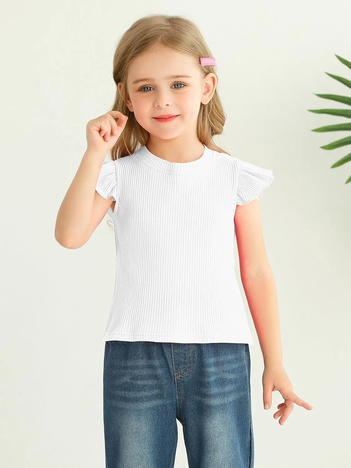 Toddler Girls Ruffle Sleeve T Shirt Knit Ribbed Blouse Cotton Top Plain Solid Kids Casual Clothes 1-6 Years