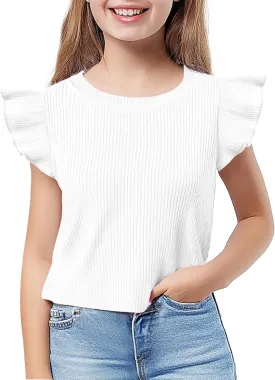 Toddler Girls Ruffle Sleeve T Shirt Knit Ribbed Blouse Cotton Top Plain Solid Kids Casual Clothes 1-6 Years