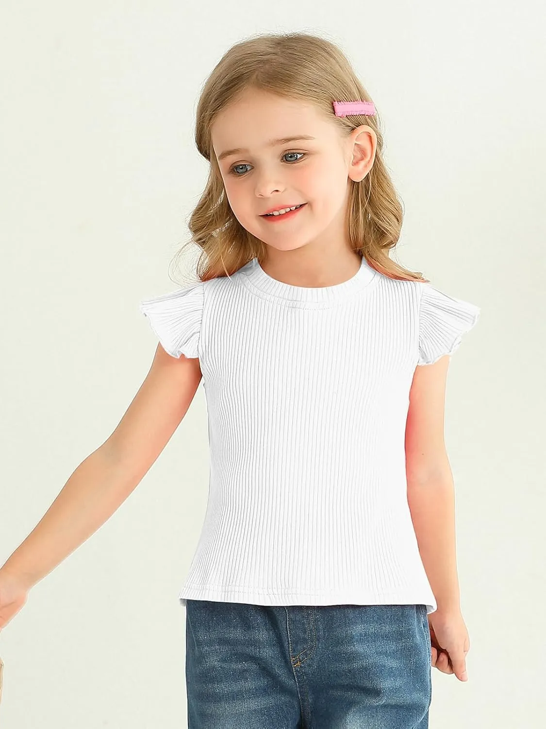 Toddler Girls Ruffle Sleeve T Shirt Knit Ribbed Blouse Cotton Top Plain Solid Kids Casual Clothes 1-6 Years