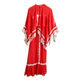 Unbranded Vintage 70s Cotton Sleeveless Festival Maxi Dress Orange White w/ Cape S UK Size 6-8