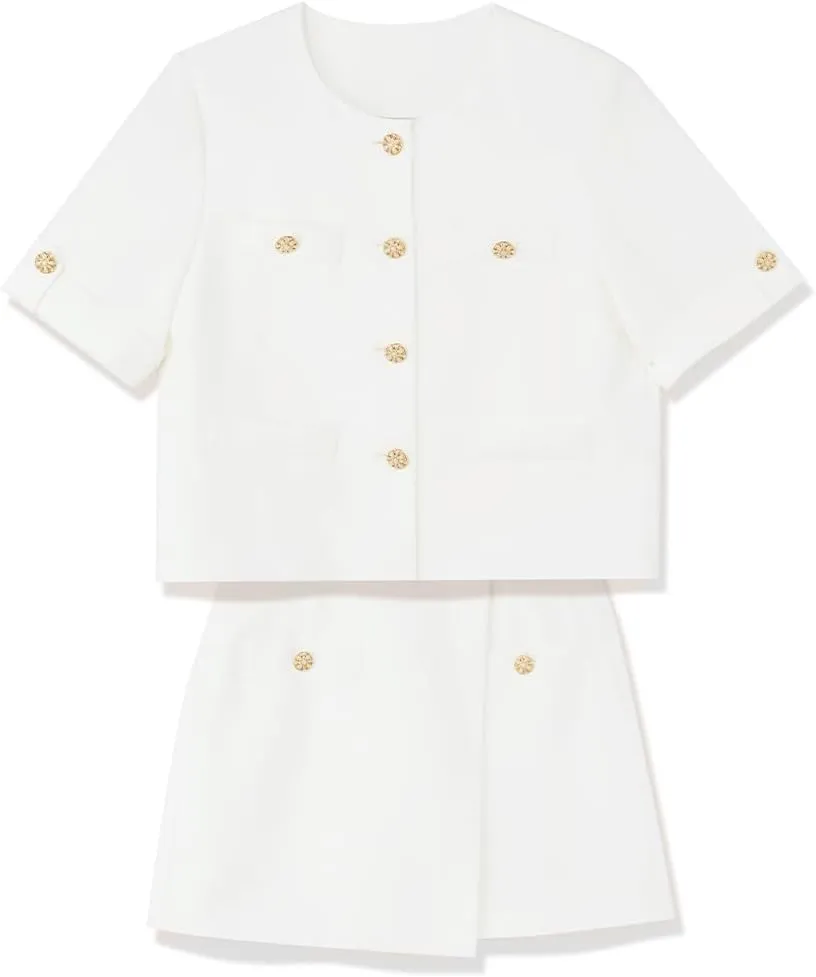 Women's 2 Piece Suit Sets White Acetate Short Sleeve Blazer Jacket and Skirt Shorts Business Casual Outfits