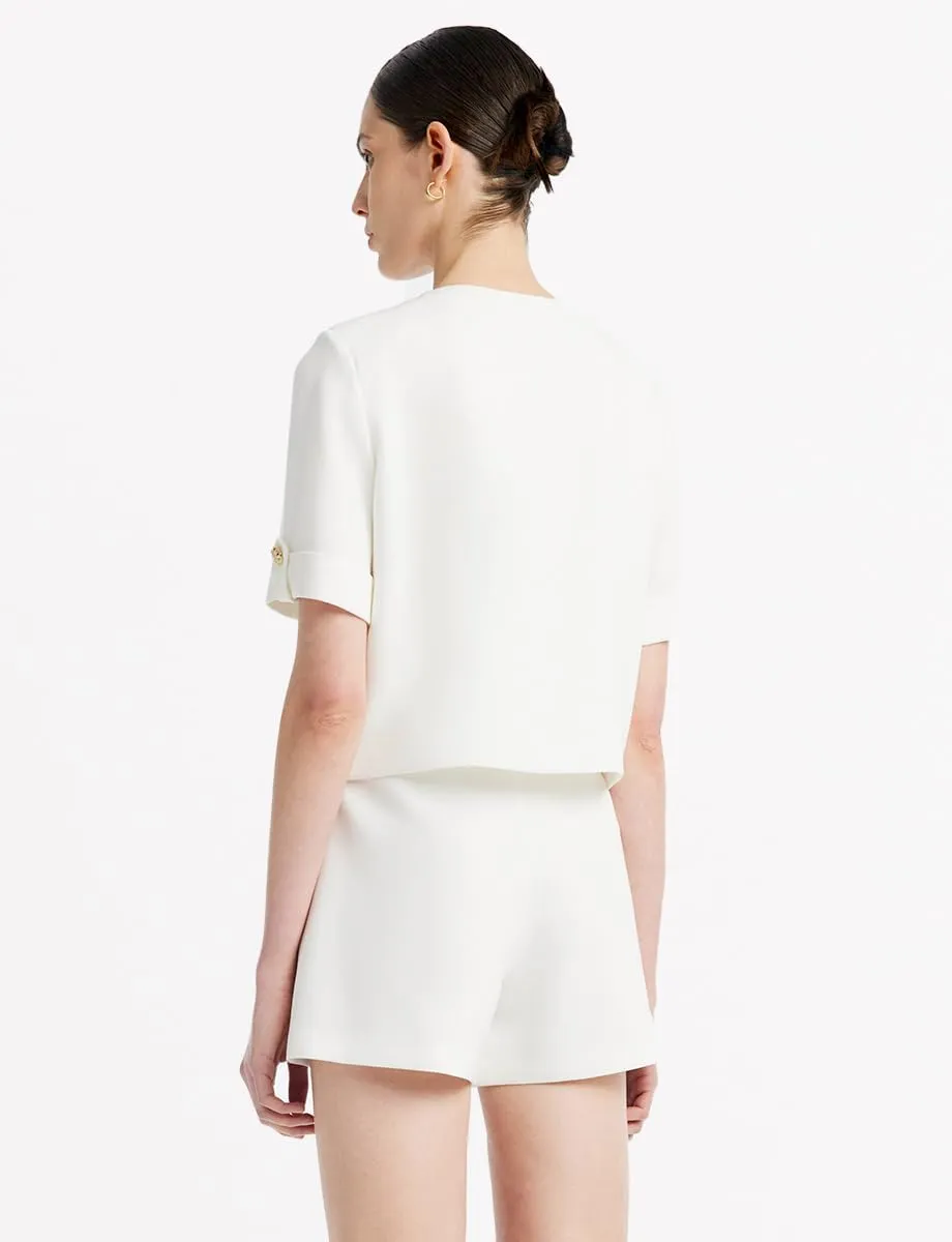 Women's 2 Piece Suit Sets White Acetate Short Sleeve Blazer Jacket and Skirt Shorts Business Casual Outfits