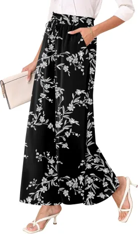 Women's Chiffon Dressy Pants High Waist Casual Wide Leg Long Palazzo Pants Loose Trousers with Pockets