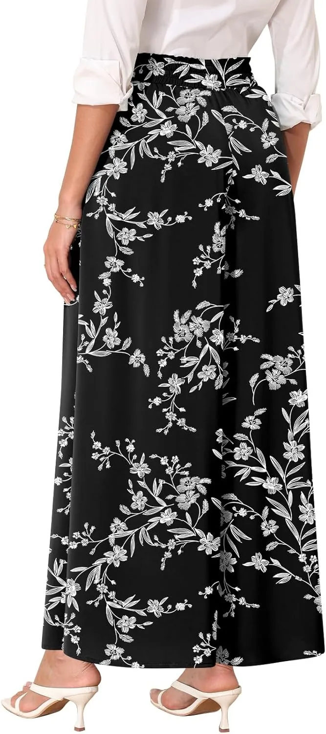 Women's Chiffon Dressy Pants High Waist Casual Wide Leg Long Palazzo Pants Loose Trousers with Pockets