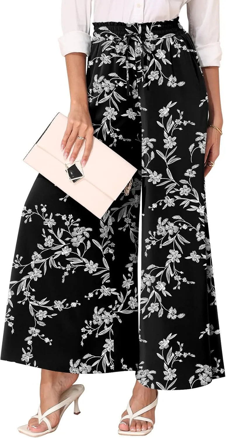 Women's Chiffon Dressy Pants High Waist Casual Wide Leg Long Palazzo Pants Loose Trousers with Pockets