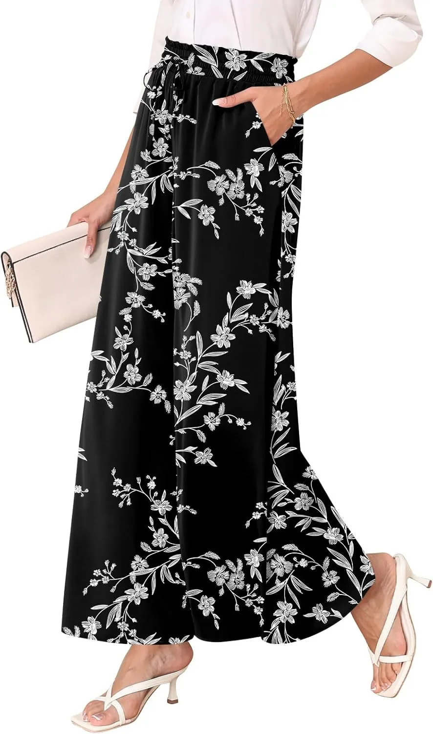 Women's Chiffon Dressy Pants High Waist Casual Wide Leg Long Palazzo Pants Loose Trousers with Pockets