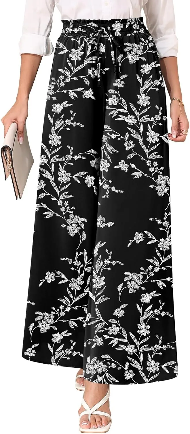 Women's Chiffon Dressy Pants High Waist Casual Wide Leg Long Palazzo Pants Loose Trousers with Pockets